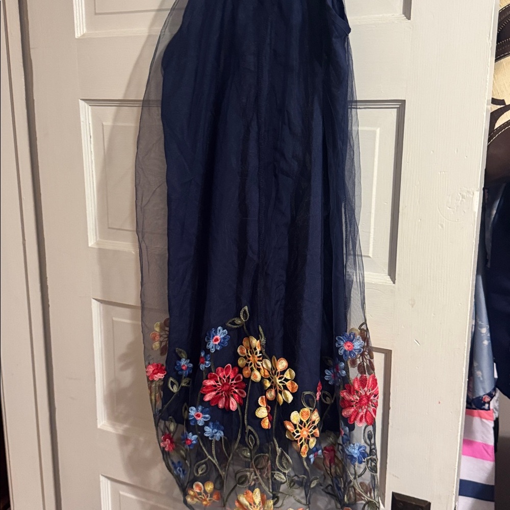 Navy Halter Dress with Floral Embroidery